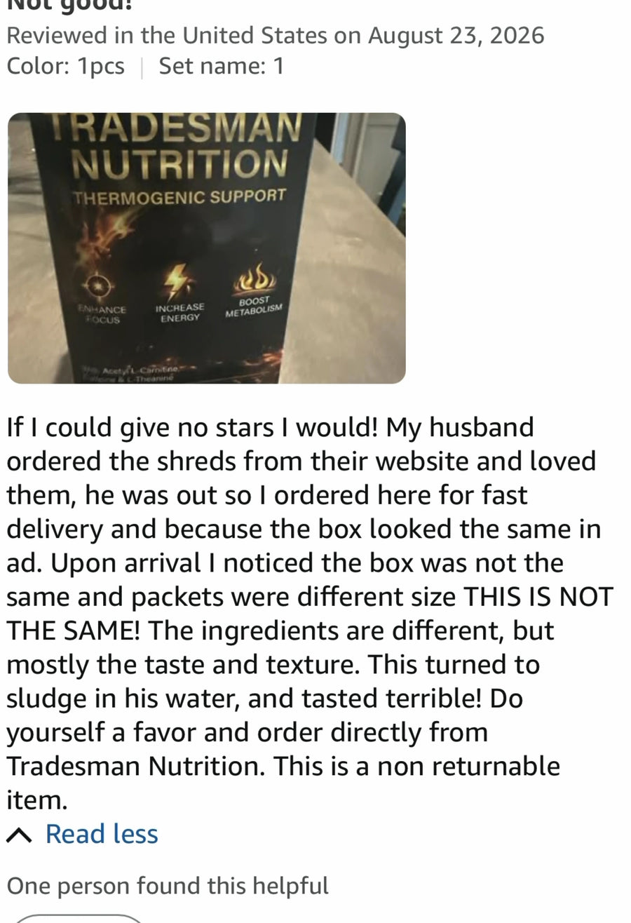 A verified one-star Amazon review reporting the fake is not the same product